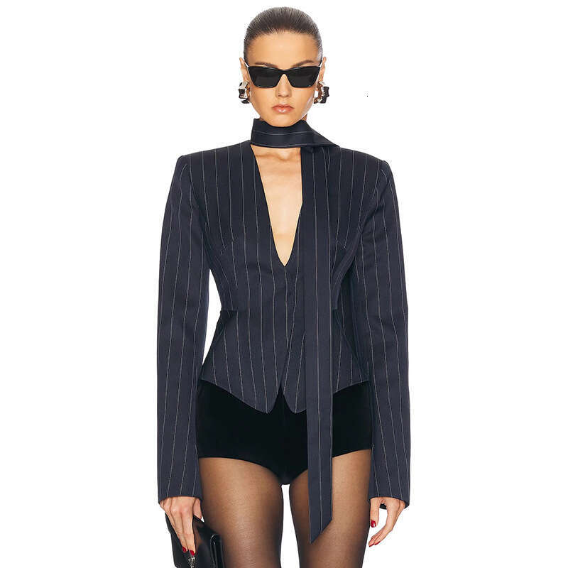 Fashion Autumn Winter New Women's Color Block Striped Print Slim Fit Waist Commuter Style Deep V Top B5