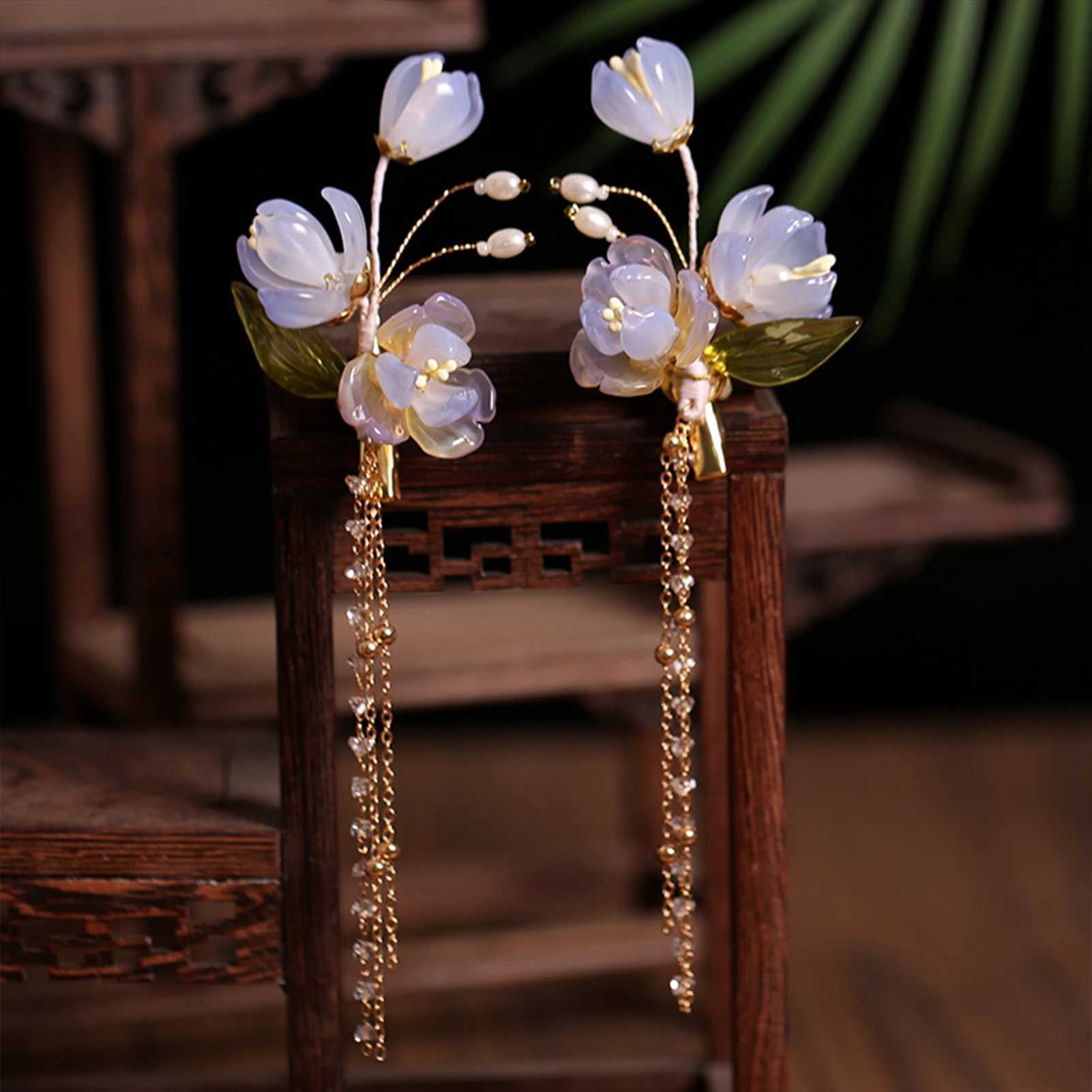 2pcs Pearl Tassel Hair Clip Purple Flower Hairpin Chinese Hanfu Hair Accessories Fairy Step Shaking Vintage Wedding Hair Jewelry Z250605