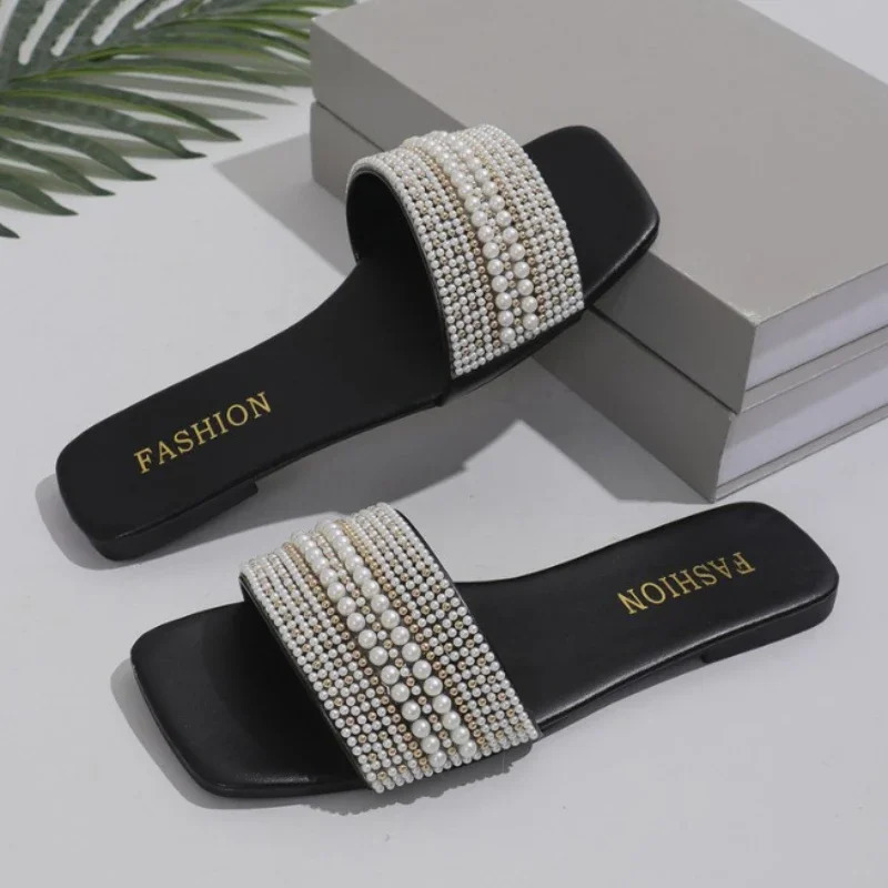 Women Pearl Slippers Summer Flats Square Toe Slides Sandals Woman Non Slip Beach Flip Flops Big Size Zapatillas De Mujer 250603