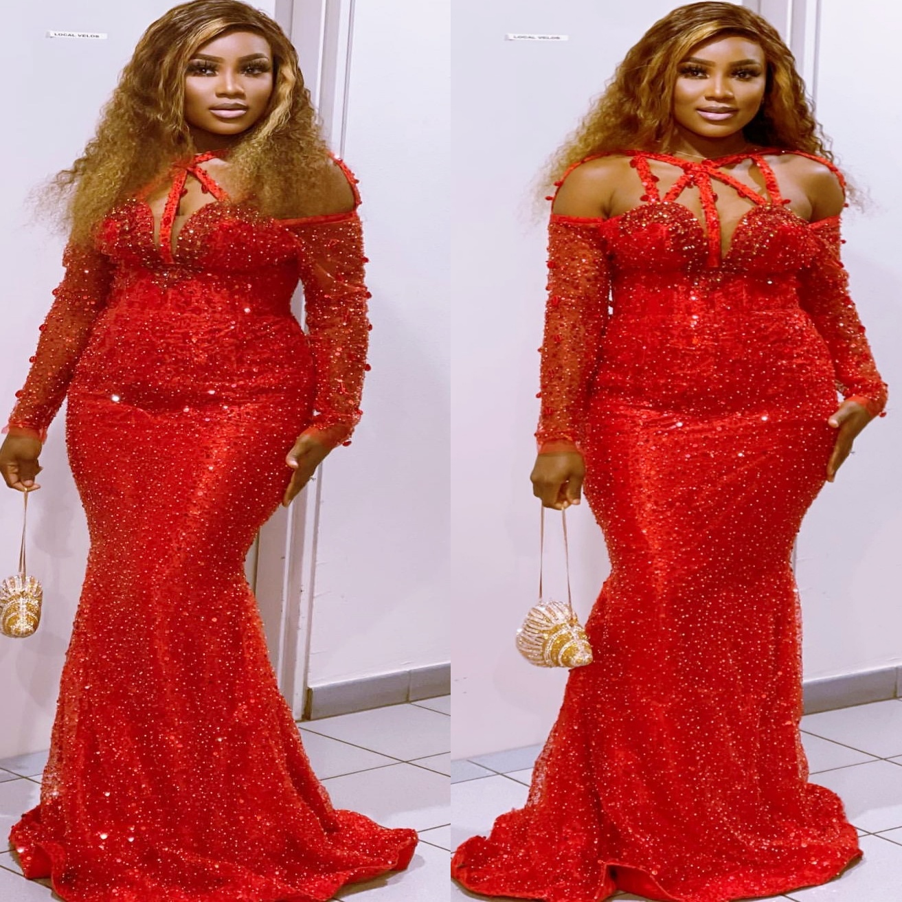 Mermaid Red Prom Dresses 2025 Crystals Sequined Full Sleeves Evening Formal Party Second Birthday Engagement Gowns Plus Size Dress For Special Occasio