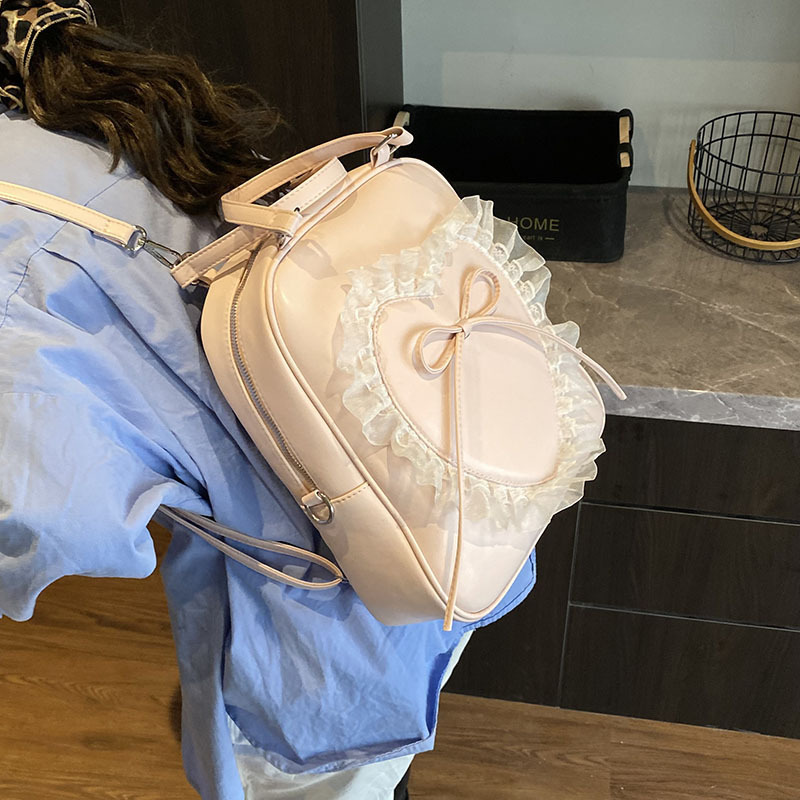 designer Korean Style Student Large Capacity Handbag for Women 2025 New Fashion Sweet Lace Heart Bow Backpack