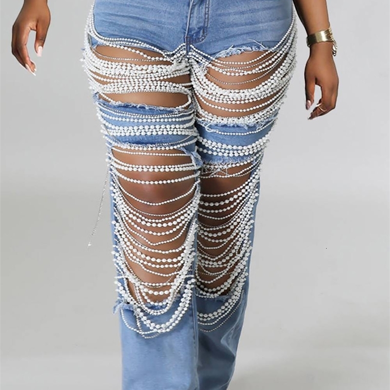 Women Plus Size Pearls Jeans Casual Vintage Hollow Out High Waist Sexy Straight Denim Trousers Summer 2025 Streetwear 250605A
