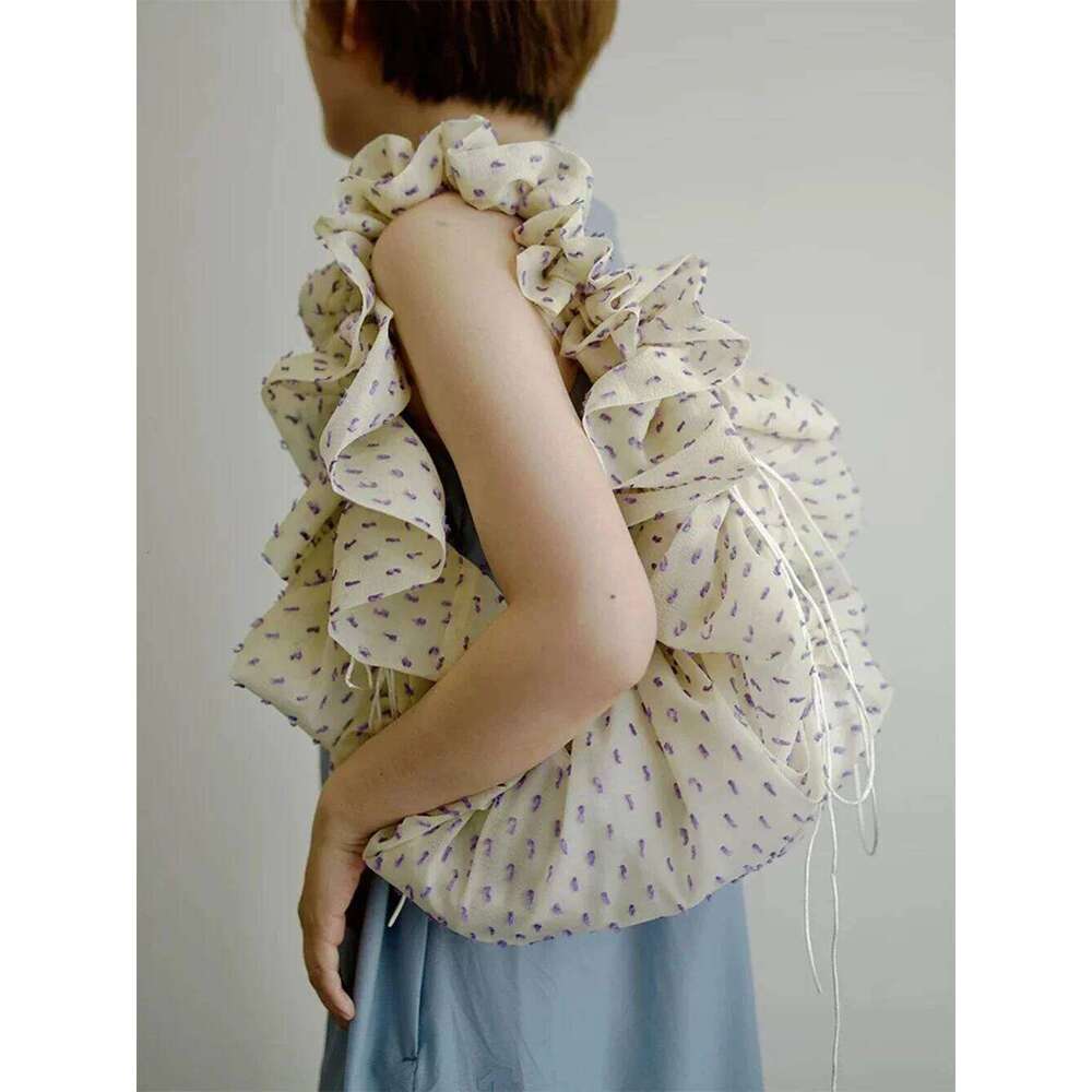 White Printed Adjustable Drawstring Tote Women's Pleated Lace Shoulder Strap Soft Lightweight Summer Commute Crossbody Bag