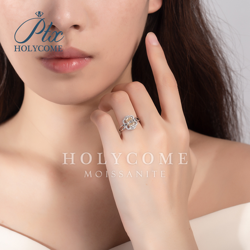 Wholesale High Quality Women Bulk Fashion Flower S925 Silver Champagne 5x7mm 1ct Luxury Emerald Cut Diamond Moissanite Ring