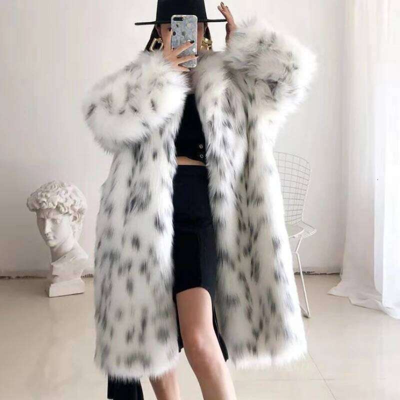 Women's Large Size Long Imitation Fox Fur Coat Warm Winter Black Dot Leopard Print Leather Windbreaker for Style And Comfort