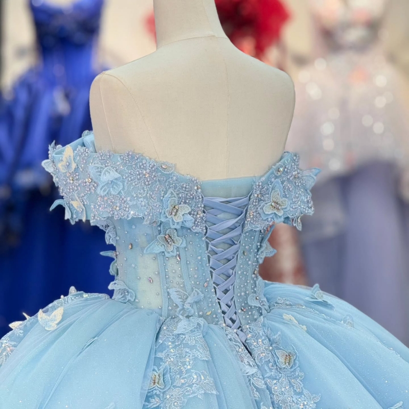 Sky Blue Shiny Off The Shoulder Ball Gown Quinceanera Dresses Beads Bow Tull Sweet 16 Dress vestidos 15 de anos