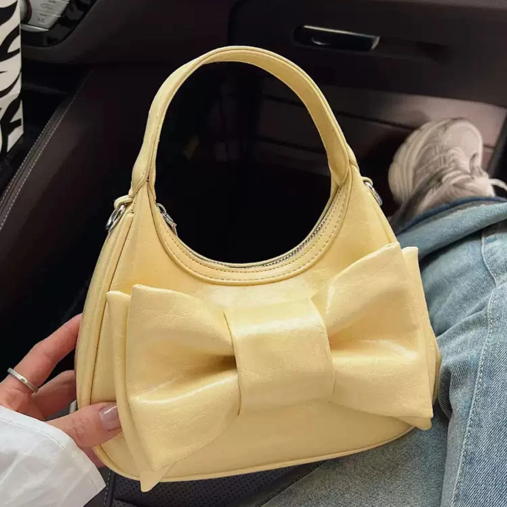 Summer Cute Bow Handbags Women Korean Solid Color Glossy PU Texture Crossbody Bag Delicate All-Match Commute One Shoulder Bags 250605