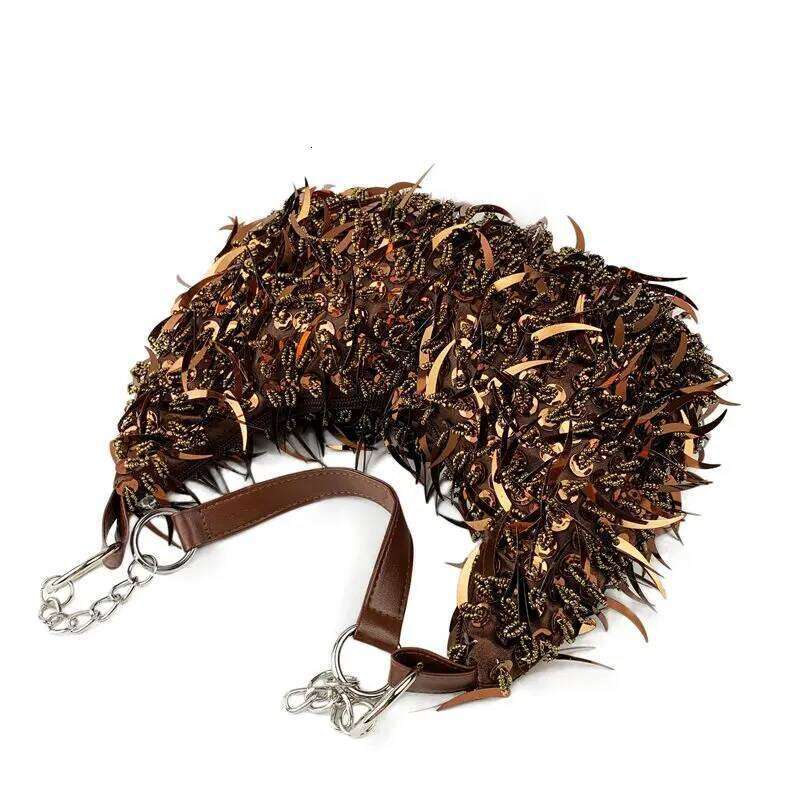 Woman Stylish Elegant Sequin Glitter Underarm Designer Multifunctional Lace Trim Tassel Fabric Ribbon Travel Bag Party Weddi