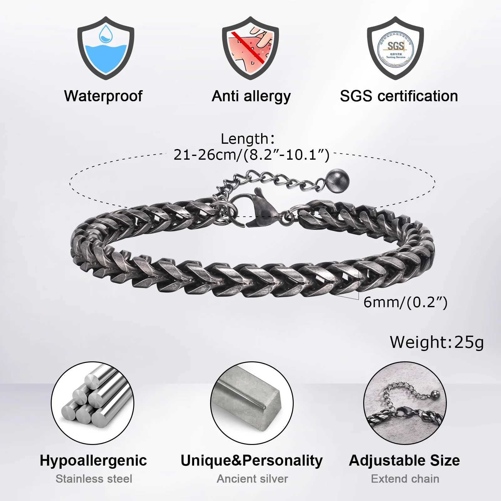 Retro Chain Bracelets for Men Boys Waterproof Stainless Steel Chain Links Wristband Classic Punk Vintage Jewelry Gifts W250606