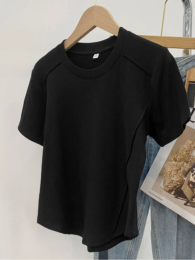 Solid color round-neck short-sleeved slim T-shirt for women 2025 summer and Europe 250605