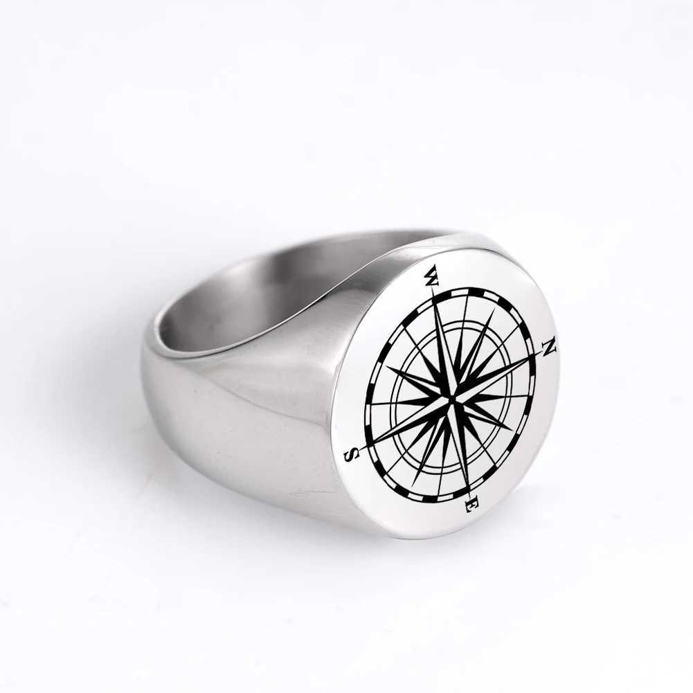 COOLTIME Retro Compass Signet Mens Ring Stainless Steel Punk Rings Vintage Jewelry Amulet Wicca Rock Hip Hop Gift W250606