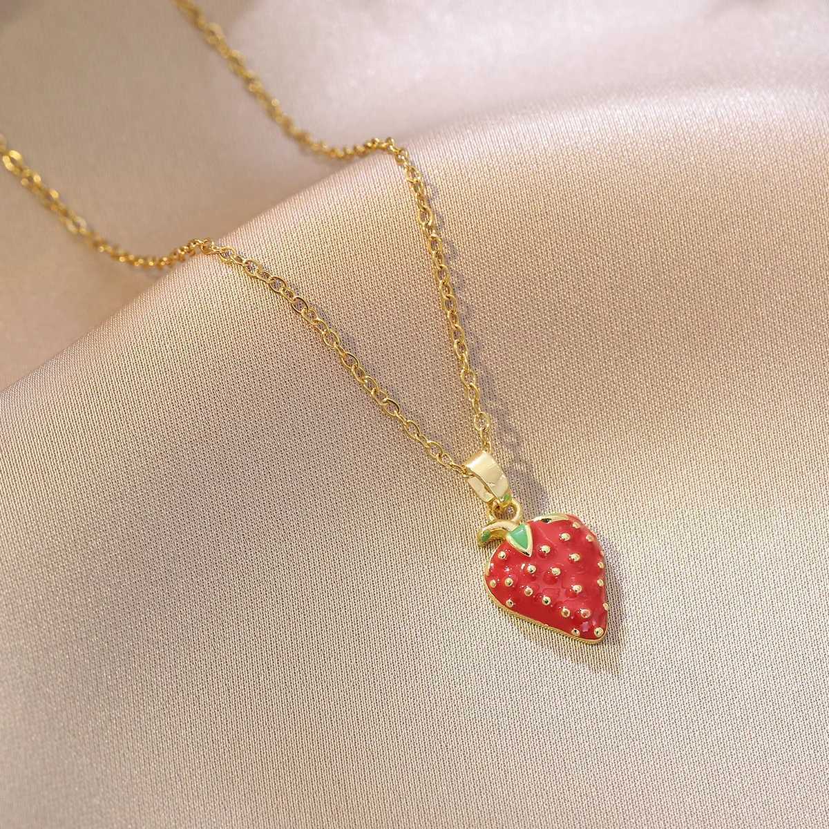 Cute Stainless Steel Strawberry Cherry Fruit Cubic Zircon Pendant Necklace For Women New Trend Simple Neck Chain Jewelry Gift Y250605