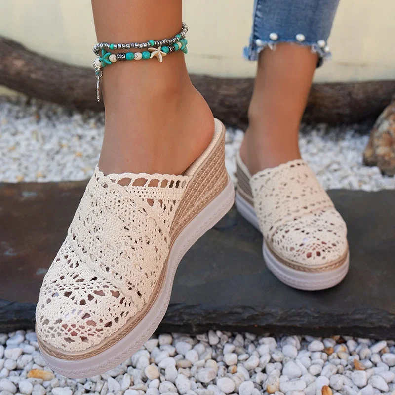 Closed Toe Wedge Heels Slippers for Women 2025 Summer Hollow Out Breathable Platform Sandals Woman Lightweight Wedge Mules Shoes 250605