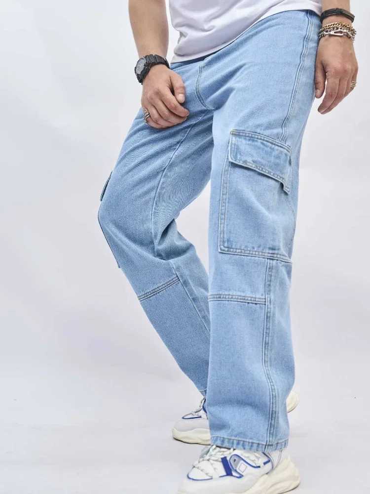 Denim Straight Ankle Length Pants Men Jean Washed Zipper Fly Jeans Loose Fit Solid Pockets High Strt Vintage Spliced 2025C250606