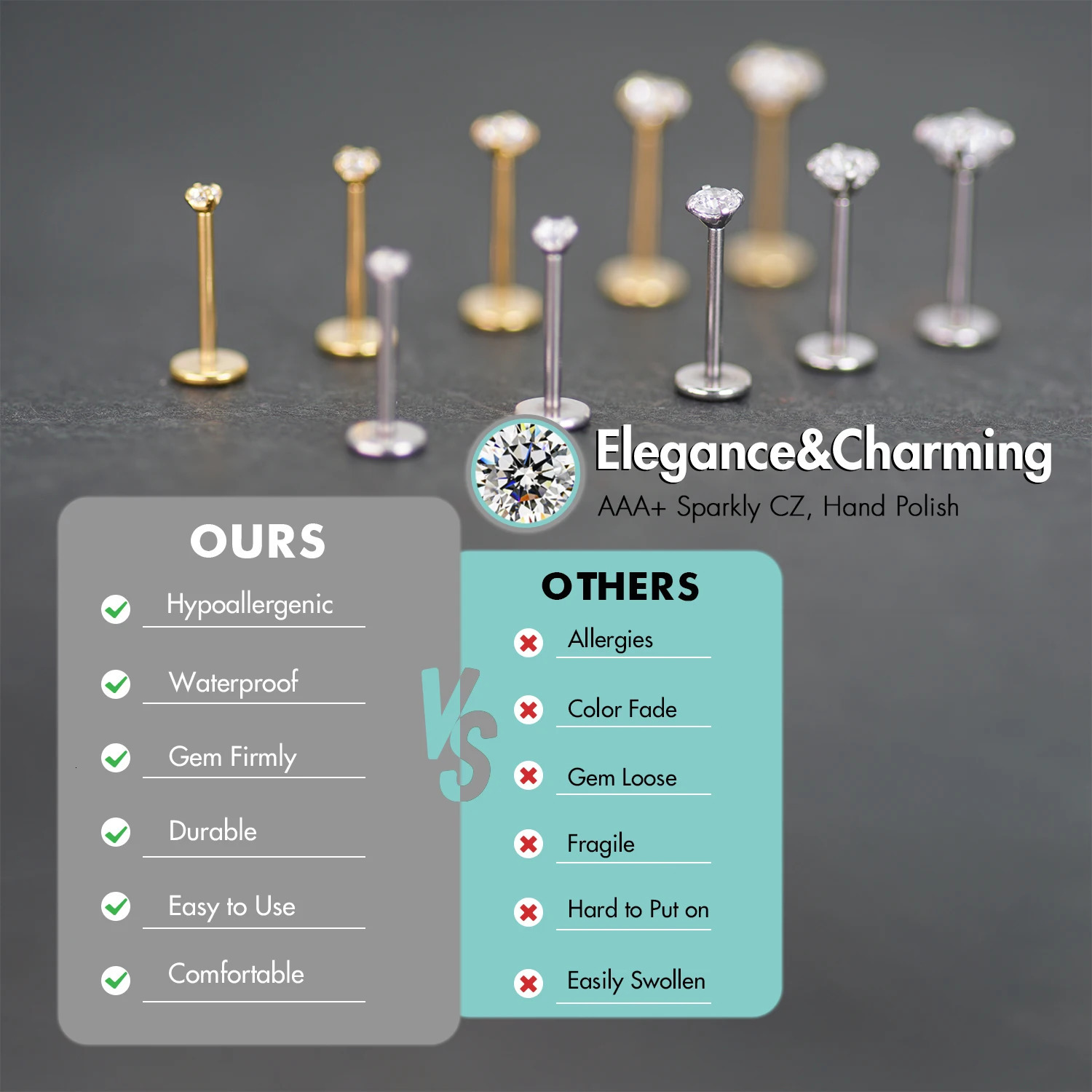 5Pcs Stainless Steel Earring Nose Stud Cartilage Helix Tragus Lip Piercing Jewelry for Women Push In Labret CZ Flat Back 18G 20G 250605