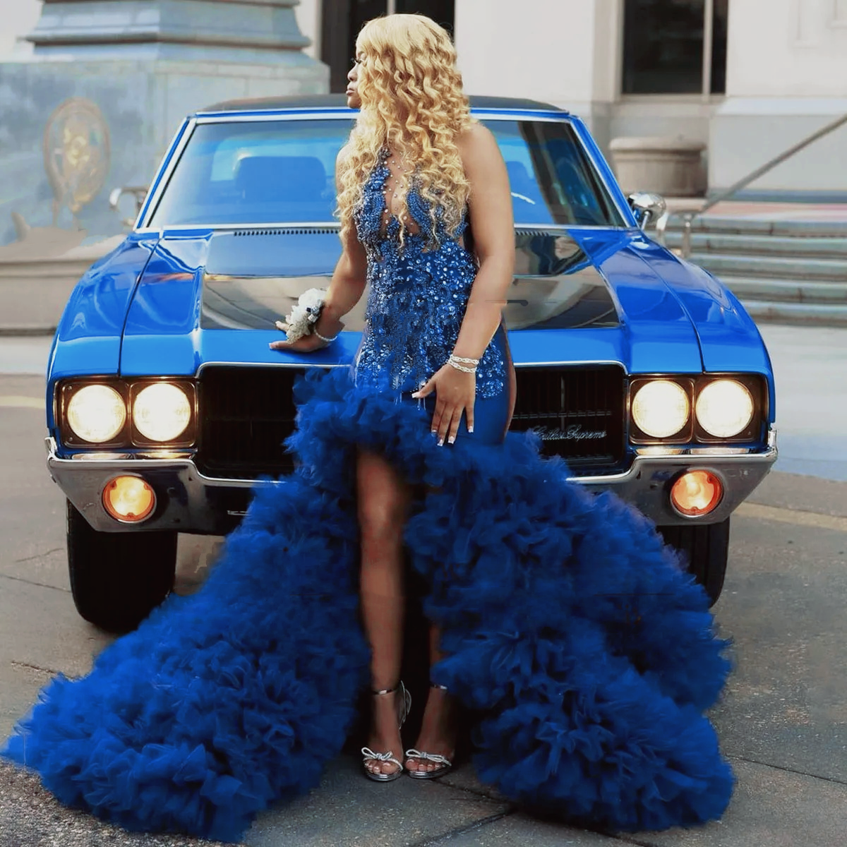 Exquisite Royal Blue Mermaid Prom Dresses Beaded Rhinestone Elegant Black Girls Layered Tiered Front Split Tulle Birthday Party Special Occasion Gown 