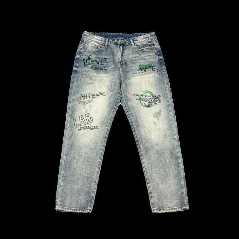 Spring and Autumn New Fashion Trend Printed Straight Leg Vintage Denim Pants Mens Casual Loose Sports Pants 28-36 Z250605