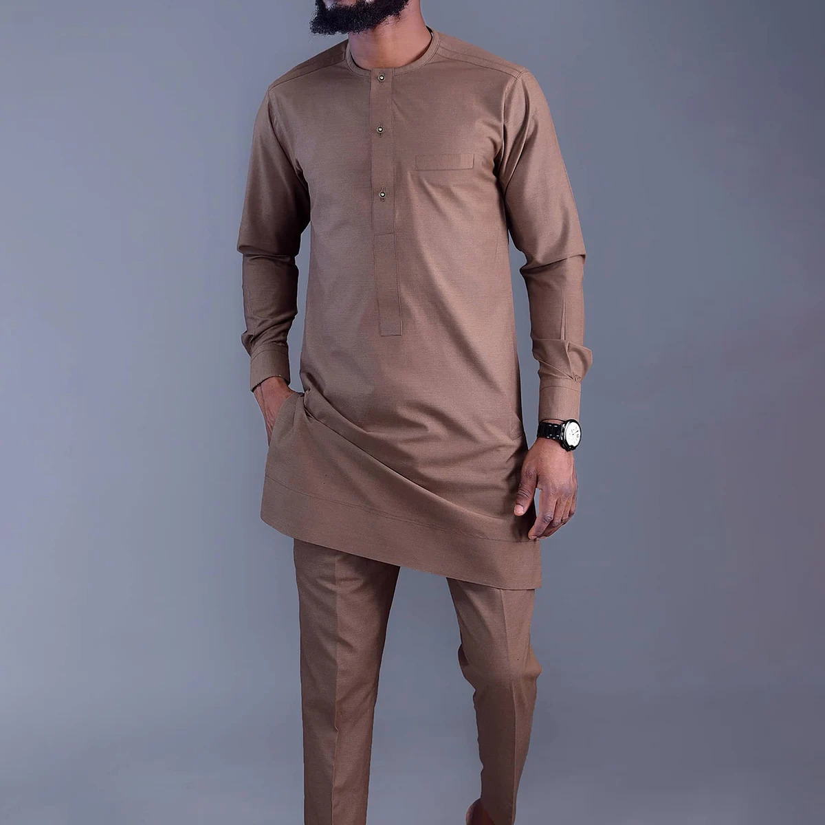 Kaftan Mens Suit African Ethnic Style Long Sleeve Solid Color Casual Suit Mens Traditional Clothing 2-piece Suit 250603