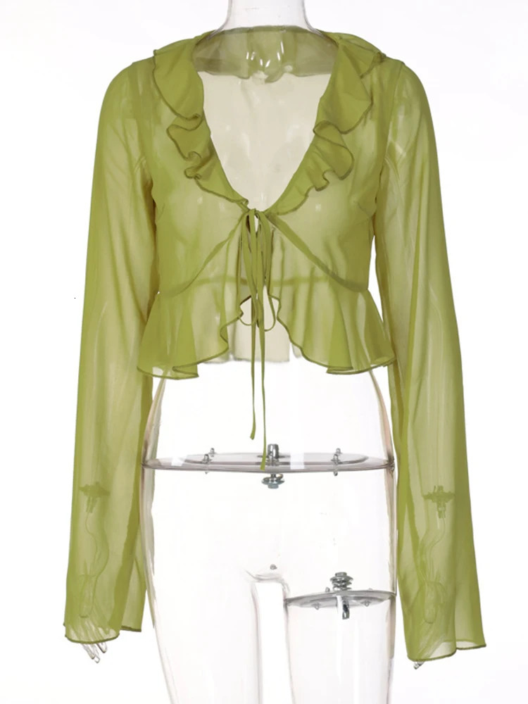 Hugcitar 2025 Women Fungus Lace Solid See Through Silk Flare Sleeve V Neck Crop Tank Fashion Casual Sweet Girl Top 250605