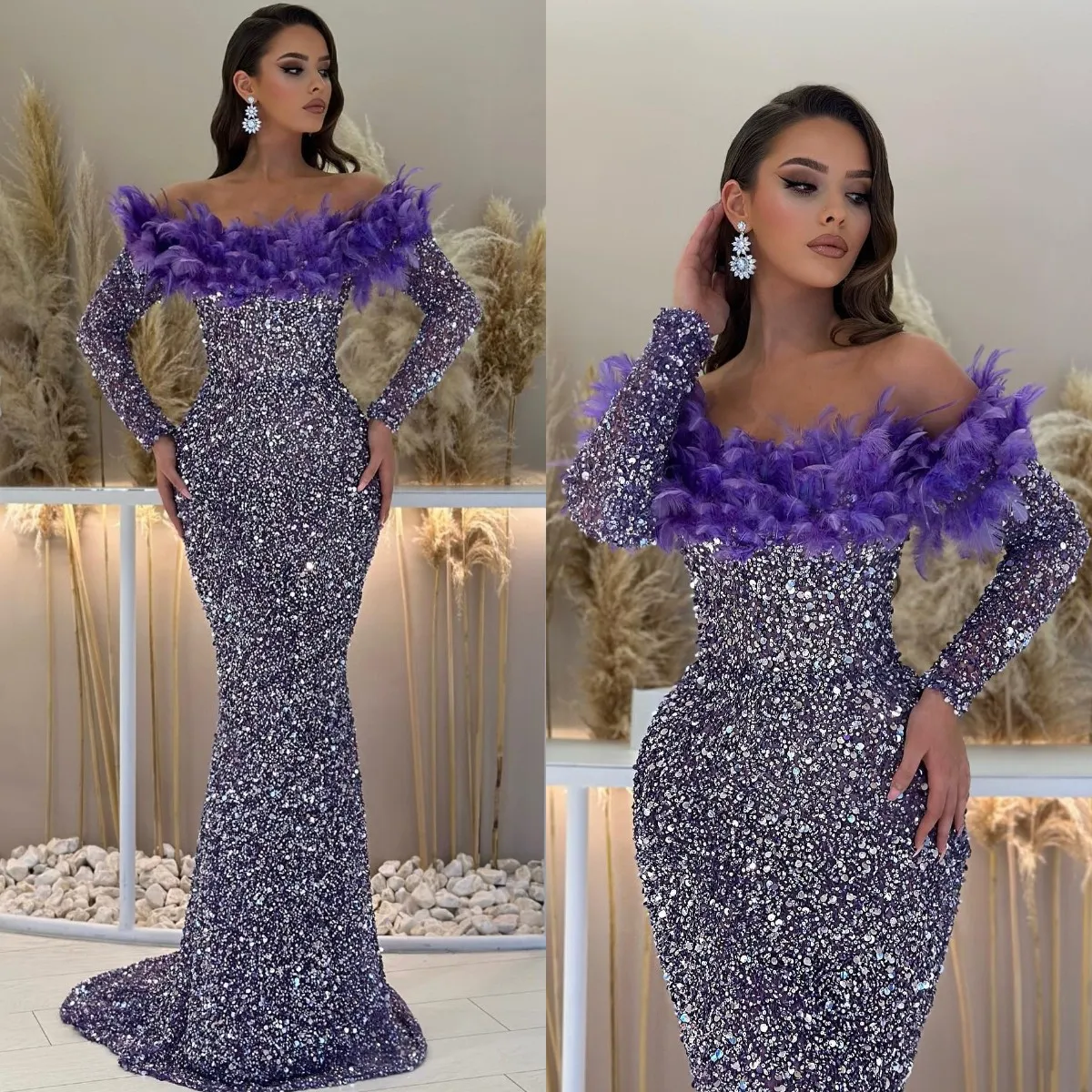Fashion Mermaid Evening Gown Elegant Feathers Off Shoulder Sequins Prom Dress Long Sleeves Floor Length Party Gown Customized