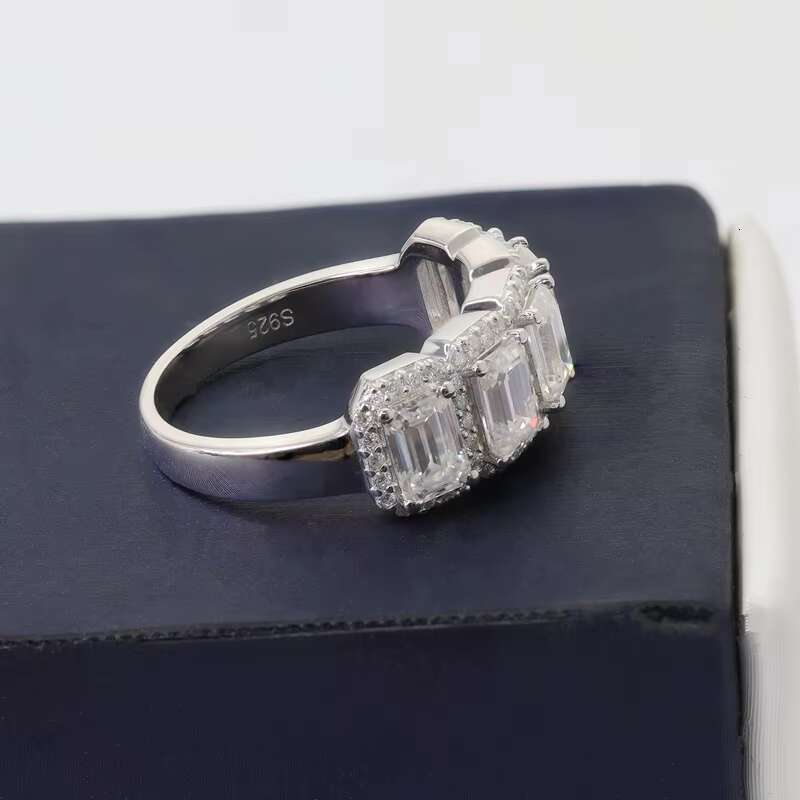 Paston Jewelry Half Eternity Ring Moissanite Rings 925 Sterling Silver 4*6mm Emerald Cut Moissanite Band for Women