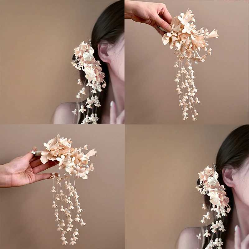 Flower Hair Barrettes Bridal Wedding Tiara Flower Pearl Tassel Hairpin Wedding Hair Accessories Z250605