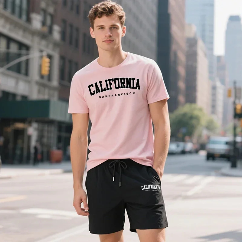 California Fashion T-shirt Shorts 2pcs Set Mens Summer Casual Sports Outfits Urban Fashion Tracksuit O-neck Tees Walking Shorts 250605