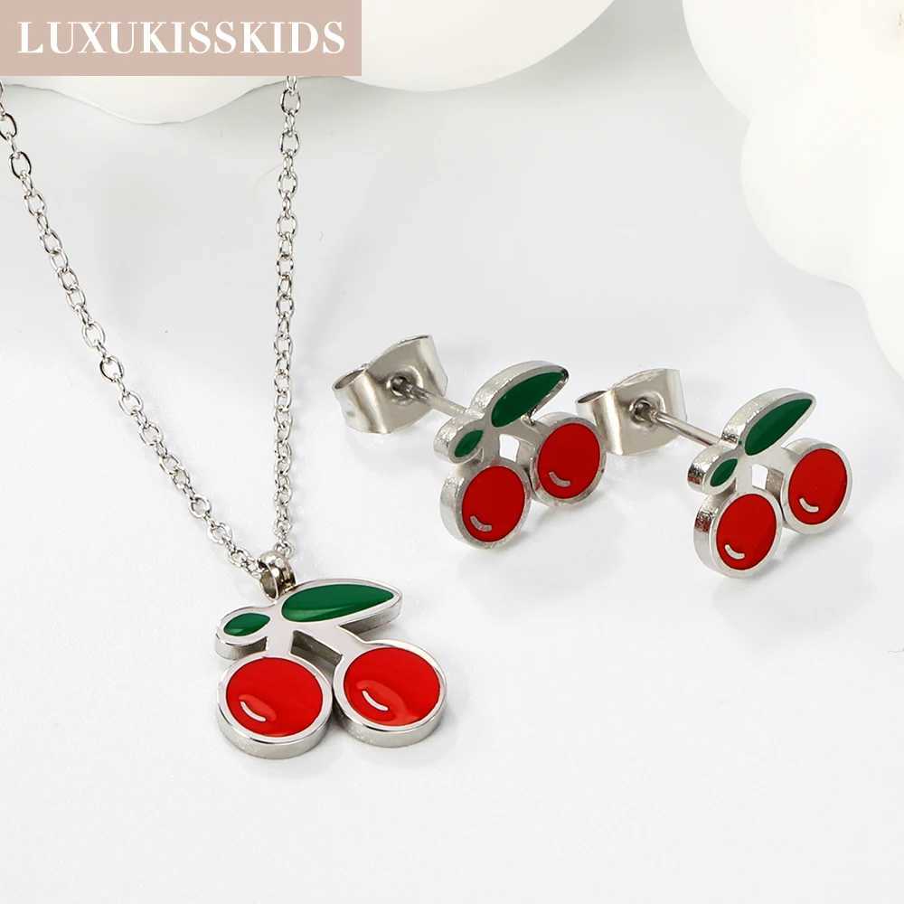 LUXUKISSKIDS Cherry Blossom Charms Jewelry Set Fashion Cute Red Cherries Pendant Necklace with Earrings Girls Pink Color Jewelry Y250605