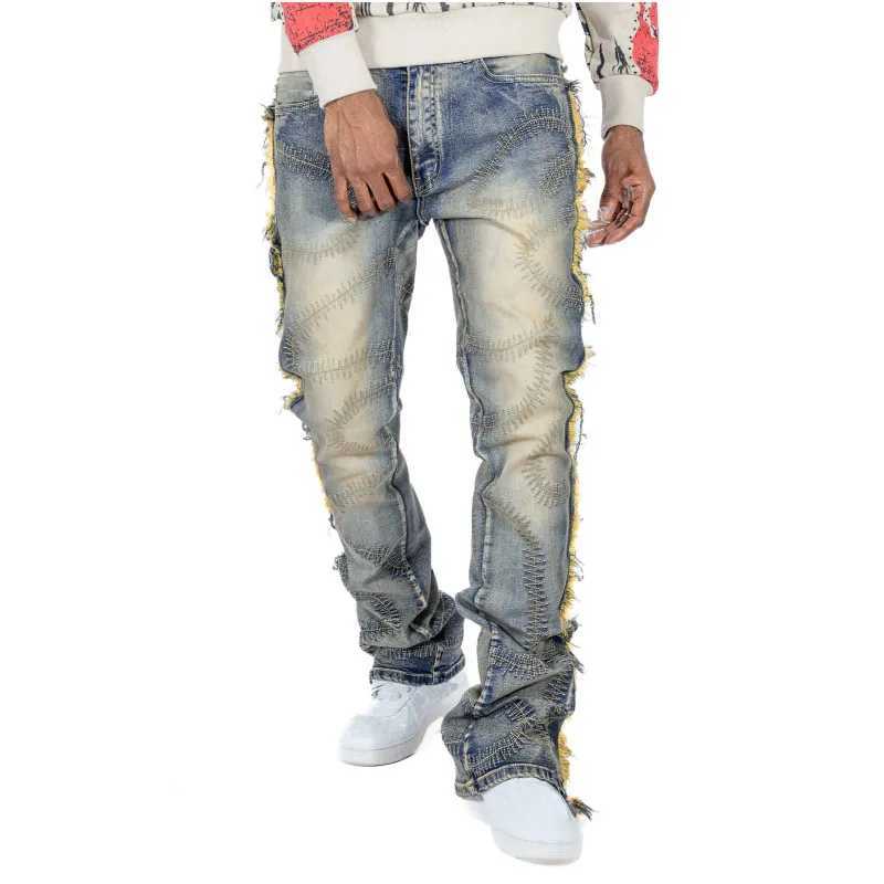 Mens Spring Summer Jeans Bottoms Fashion Embroidery Vintage Strtwear Denim Long Pants with Multi Pockets Casual DailyC250606