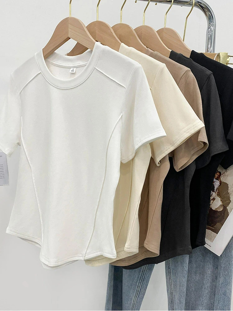 Solid color round-neck short-sleeved slim T-shirt for women 2025 summer and Europe 250605