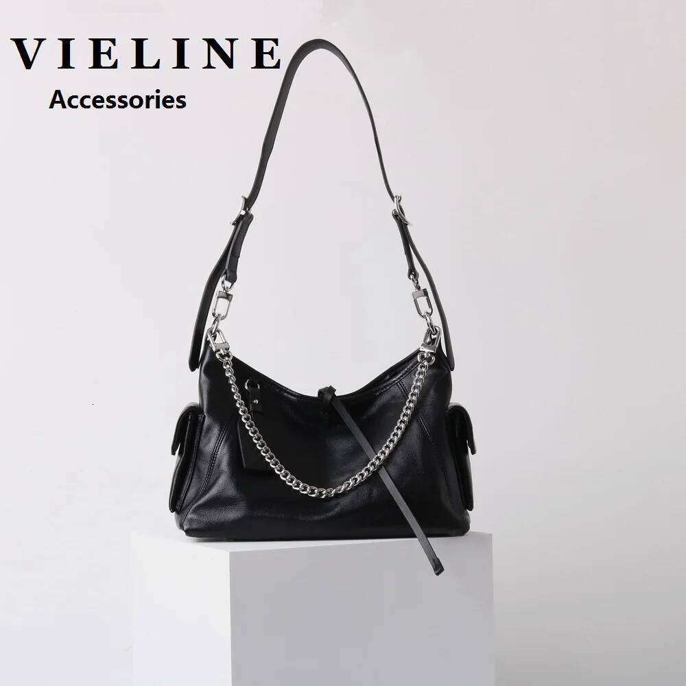 VIELINE New Style Soft Cowhide Warrior Motorcycle Messenger One Shoulder Chain Handbag Genuine Leather Commuter Tote Bag