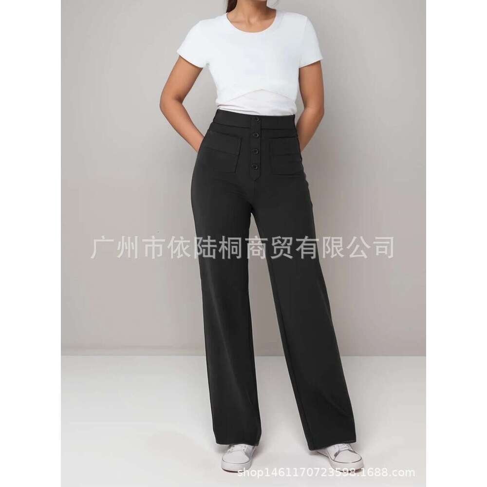 Fashion New Women's Casual Straight Pants High Waist Button Elastic With Multiple Pockets B5