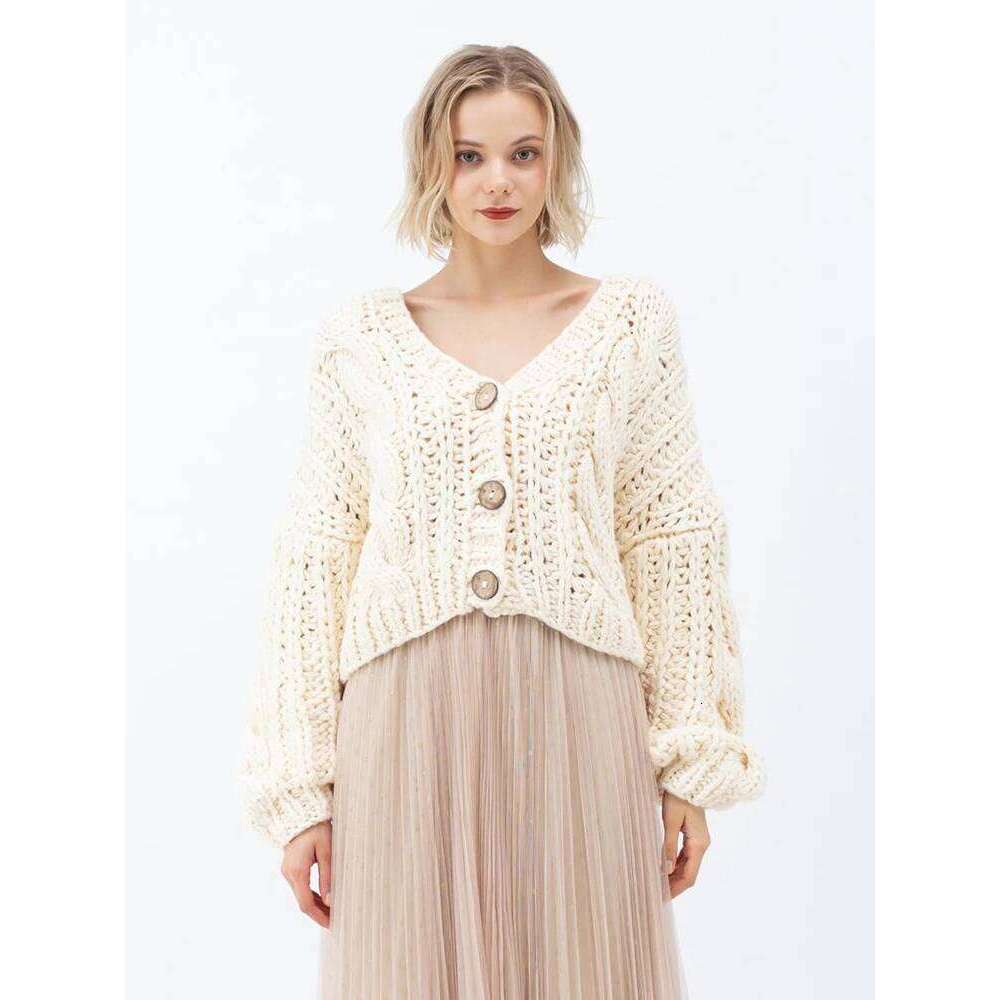 Handmade Chunky Knit Tops Women 2025 Fashion Cropped Knitted Cardigan Sweater Vintage Long Sleeve Female Outwear Chic C-159
