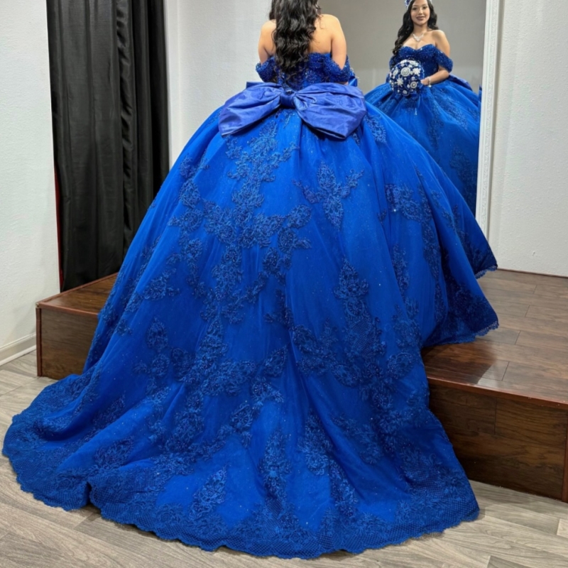 Royal Blue Shiny Quinceanera Dresses Ball Gown Off The Shoulder Applique Lace Beads Bow Tull Sweet 16 Dress Vestidos 15 De Anos