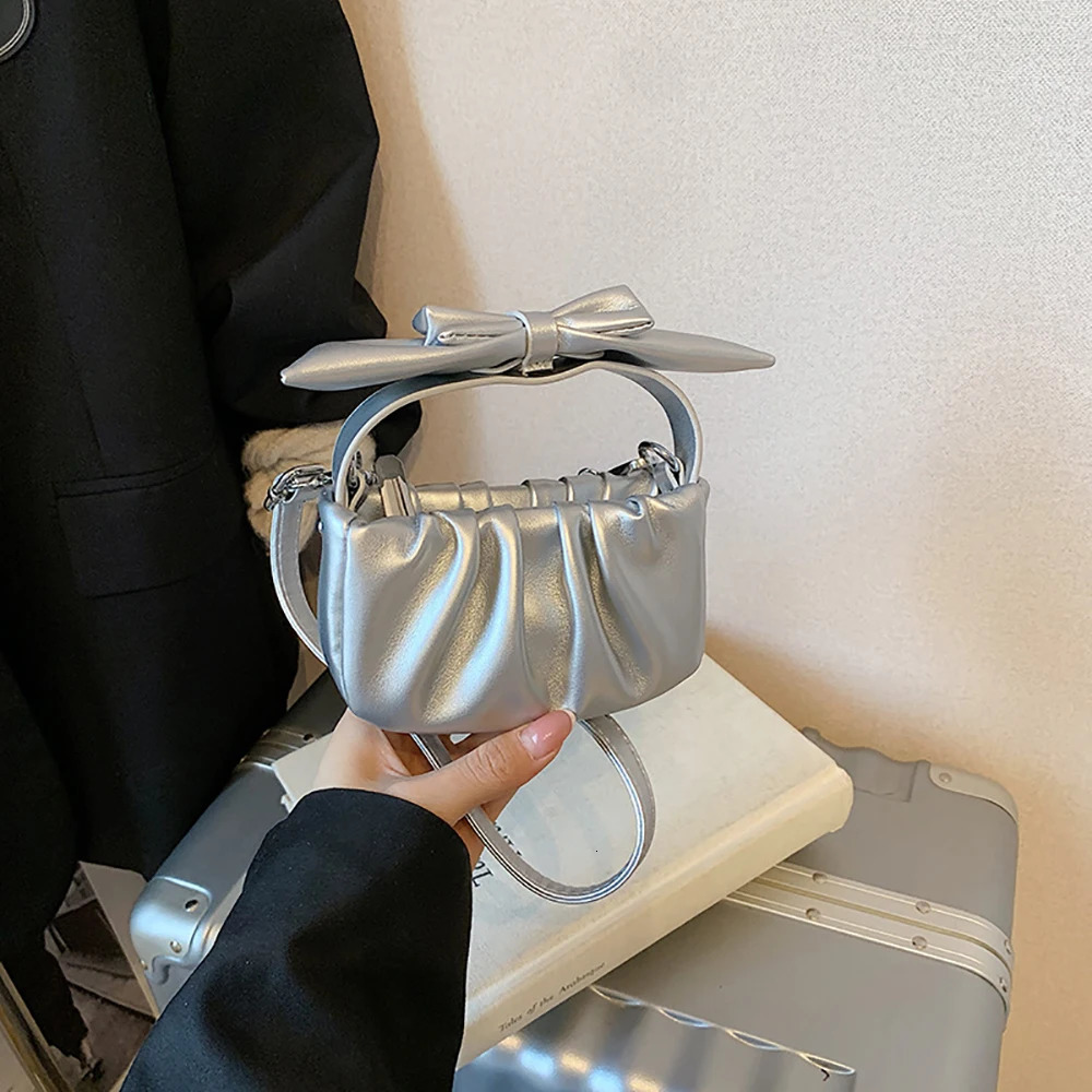 Korean Style Cute Bow Square Crossbody Bag Women Fashion Delicate Pleated Zipper Solid Color One Shoulder Bags Commute Handbags 250605
