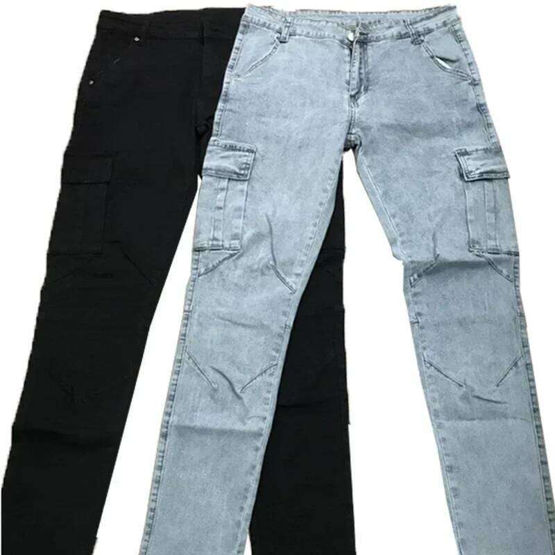 Men Casual Pencil Male Elastic Multi Pocket Small Slim High Street Denim Pants Wash Solid Color Mid Waist Cargo Jeans