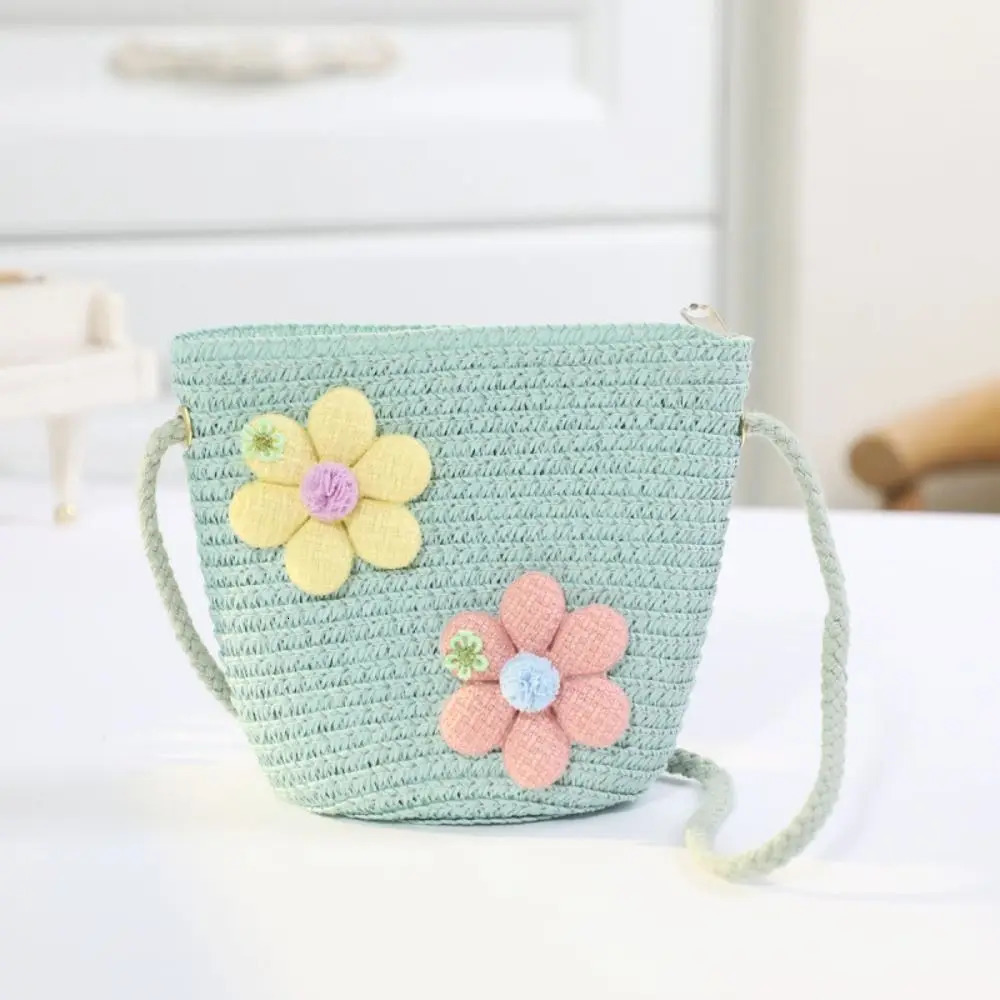 Girl Zipper Flower Straw Bag Cute Po Props Handmade Woven Kid Messenger Bags Storage Basket Coin Purse Crossbody Handbag 250605