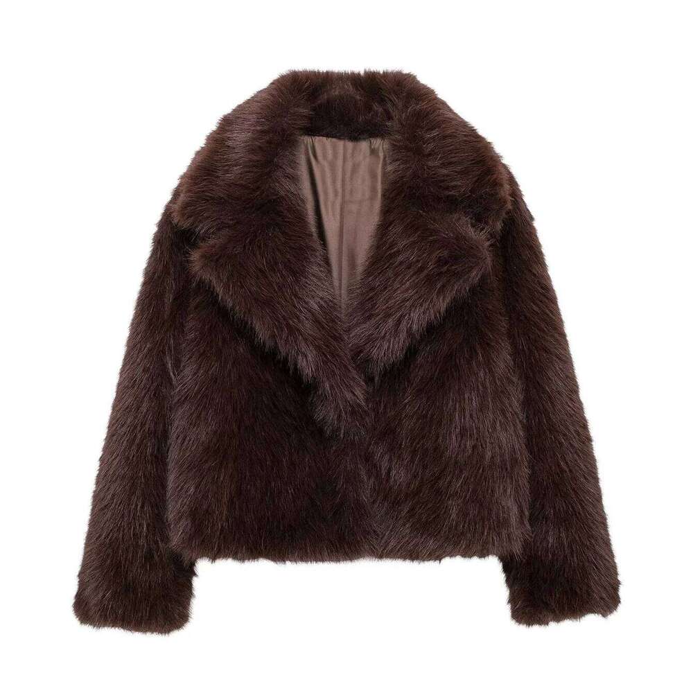 Taop&Za women's 2024 autumn and winter new coat, lapel, faux fur effect, brown Maillard style short coat