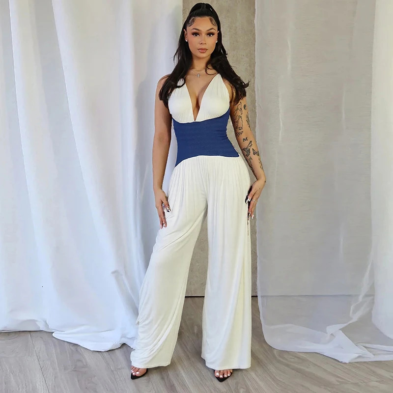 CUTENOVA WomenS Temperament Color Collision Hanging Neck Backless Drawstring Waist Zipper Patchwork Wide-Leg Jumpsuit Summer 250530