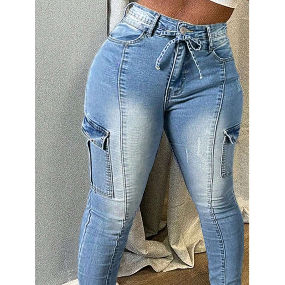 Solid Color Elastic Fashion Jeans, Sexy Tight-Fitting Jeans With Pockets And Drawstring, Women's Wear