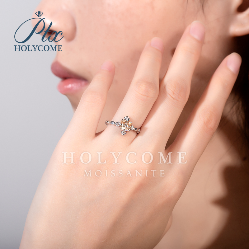 European American Fashion Women's Fine Ring Iced Out Diamond Champagne Moissanite Flower Square 1CT Exquisite Rings Jewelry for Women