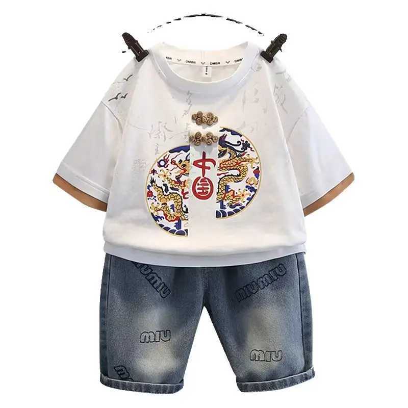 Boys Summer Hanfu Set 2025 New Childrens Short sleeved Cotton Embroidery Print T-Shirt Jeans Pant 2pcs Chinese Style Kids Suit R250606