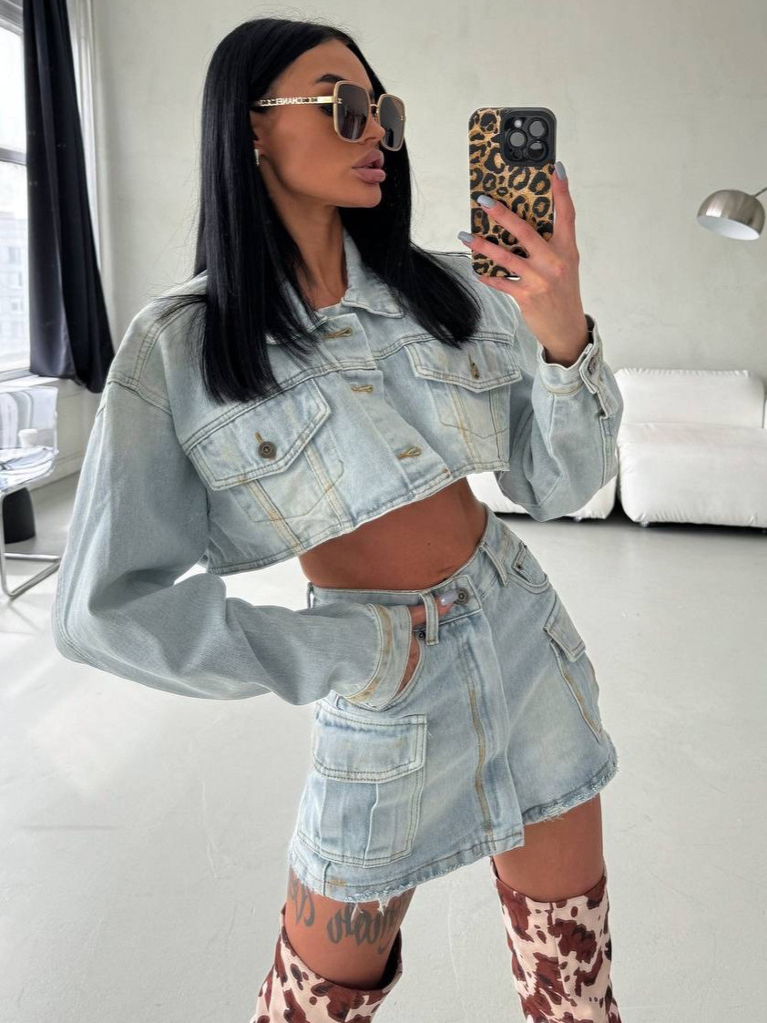 American style spicy girl short crop exposed denim set women's two-piece set spring new item deconstructive design half skirt set