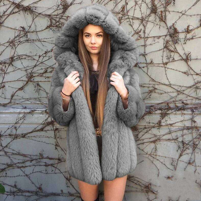 Faux Fur Women Coats Thick Warm Coat Hooded Full Sleeve Fox Solid Casual Elegant Splice Mid Length Open Autumn Winter