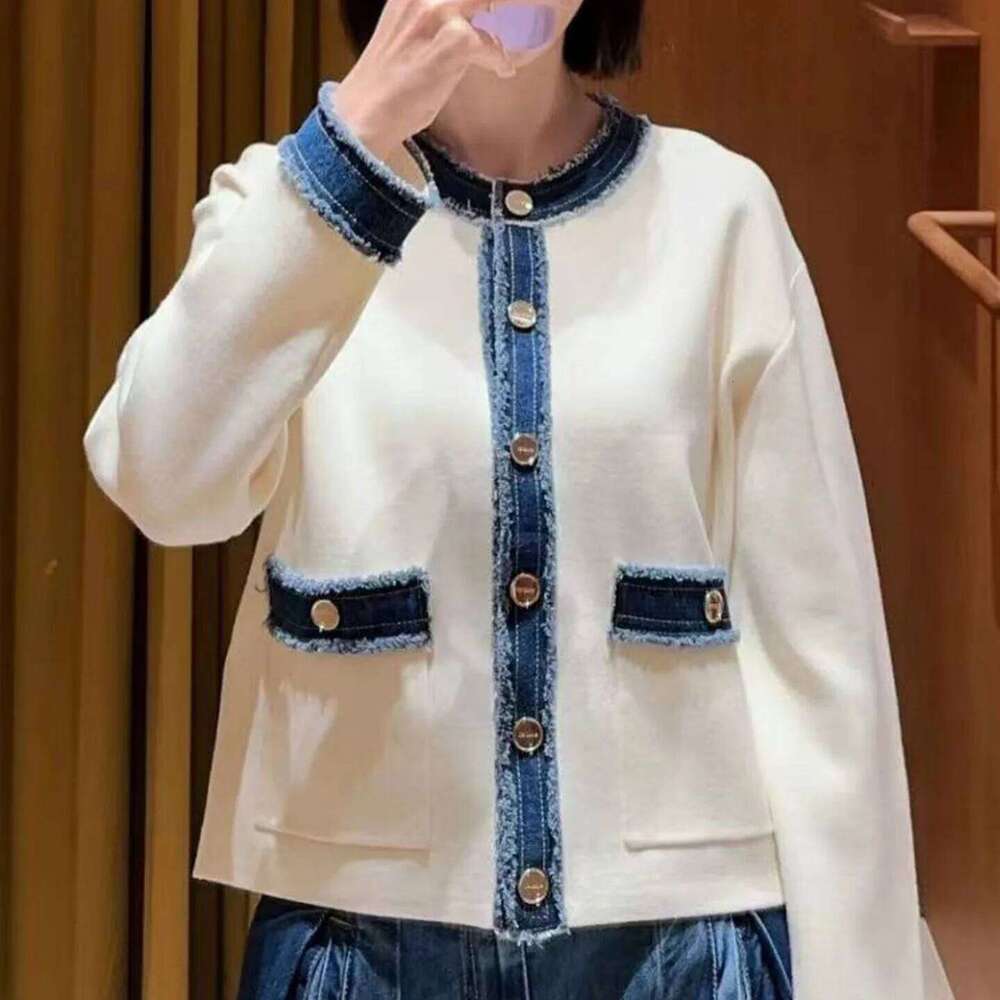 Cardigan 2025 new fashionable and elegant design sense denim splicing round neck long-sleeved knit sweater top woman