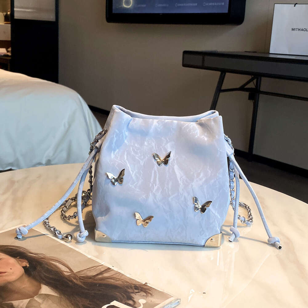 Butterfly Chain Bucket Simple Fashion Drawstring Wrinkle Texture Stylish Niche Women's Shoulder Bag 8513#