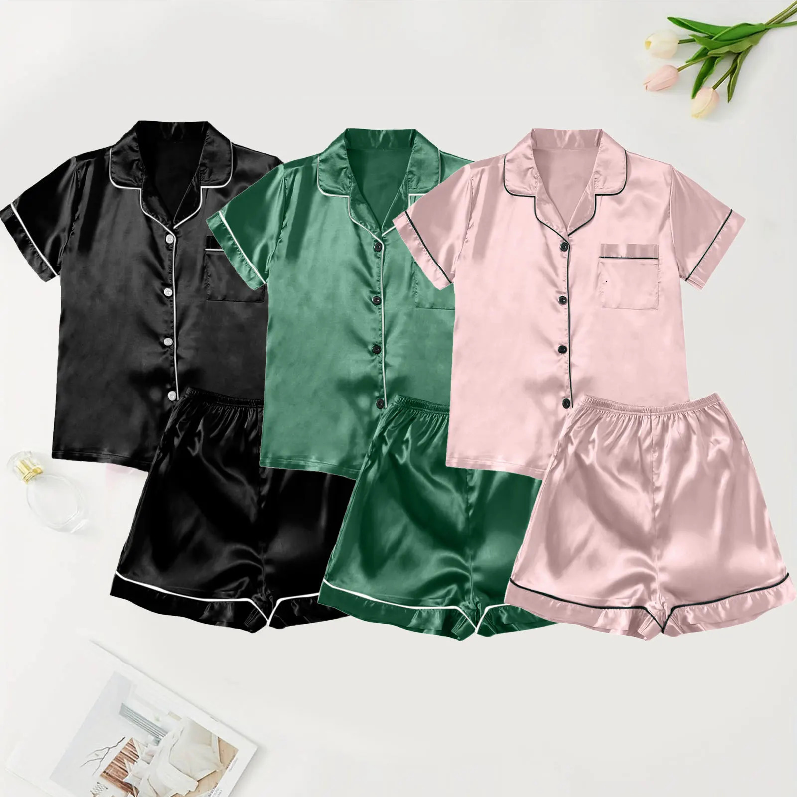Women Pajamas Ice Silk Multi-Piece Nightgown Summer Set Comfortable Home Wear BlackGreenPeach XXXL 250530