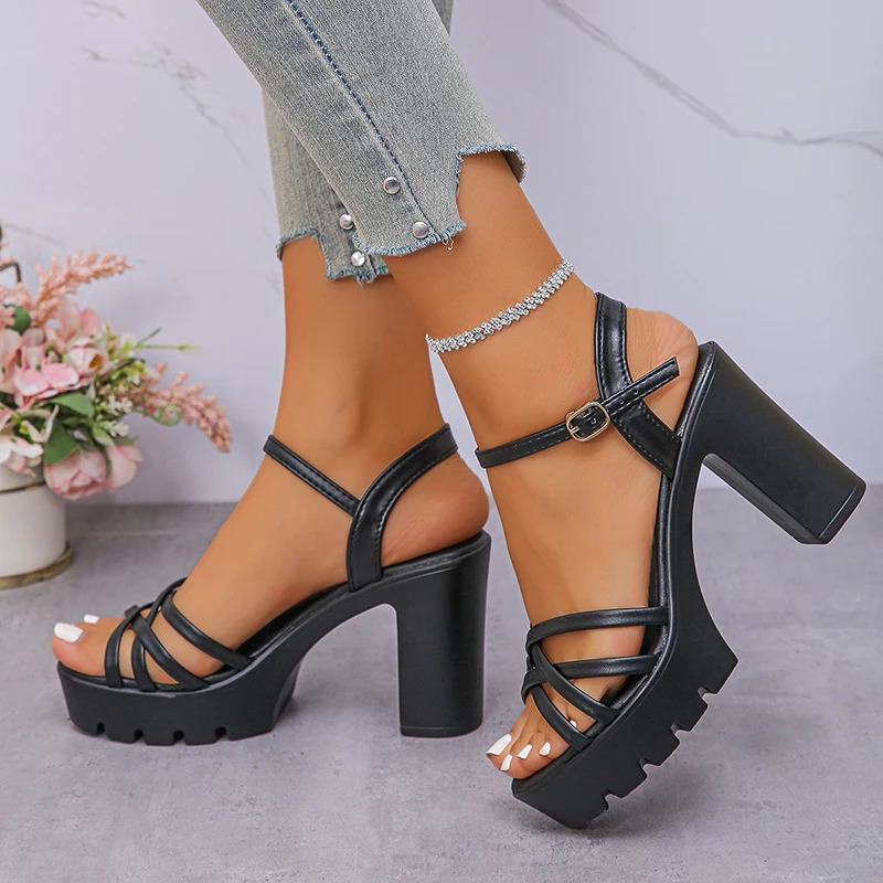 Womens Ankle Buckle High-Heeled Sandals Style Cross Strap Platform Sandal Female 2025 Outdoor Thick Heel Sandalias Mujer 250605