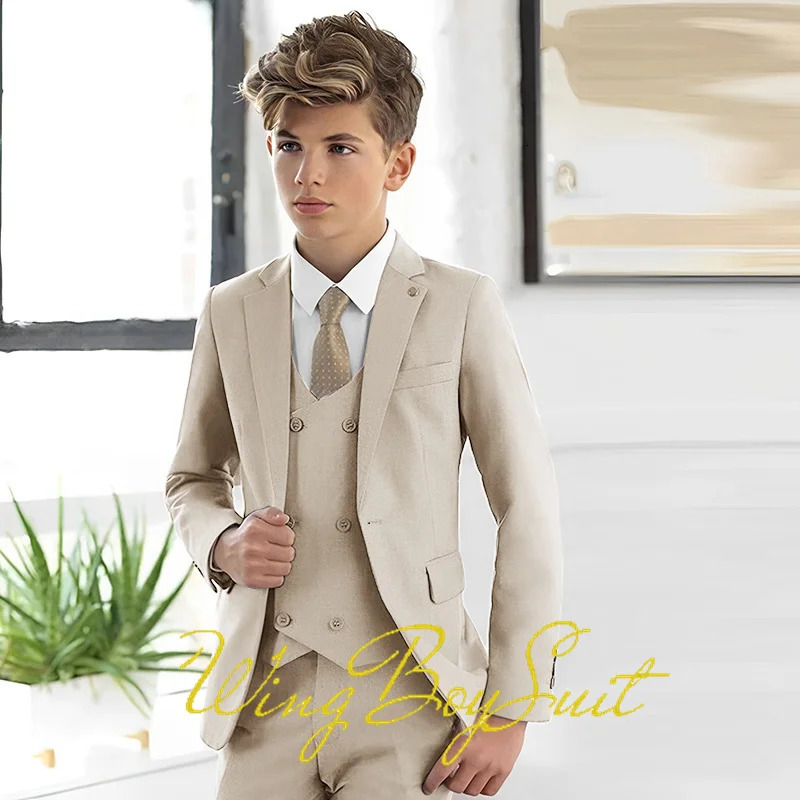 Ivory Boys Suit 3 Piece Jacket Pants Vest Formal Slim Blazer for Kids Wedding Tuxedo Business Clothing 250530