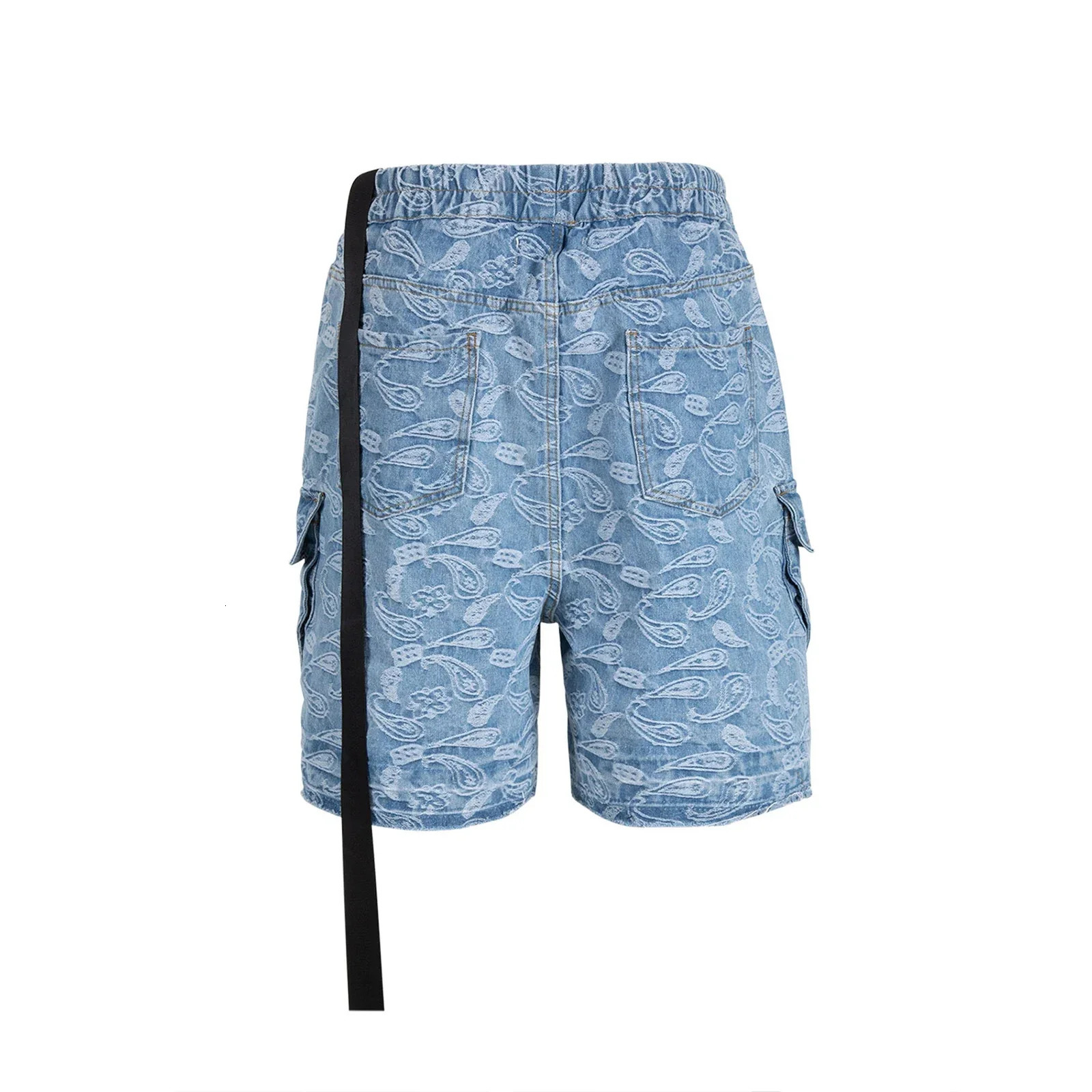 Streetwear Washed Cashew Flower Pocket Summer Denim shorts for Men and Women Wide Leg Baggy Drawstring Cargo Short 250530
